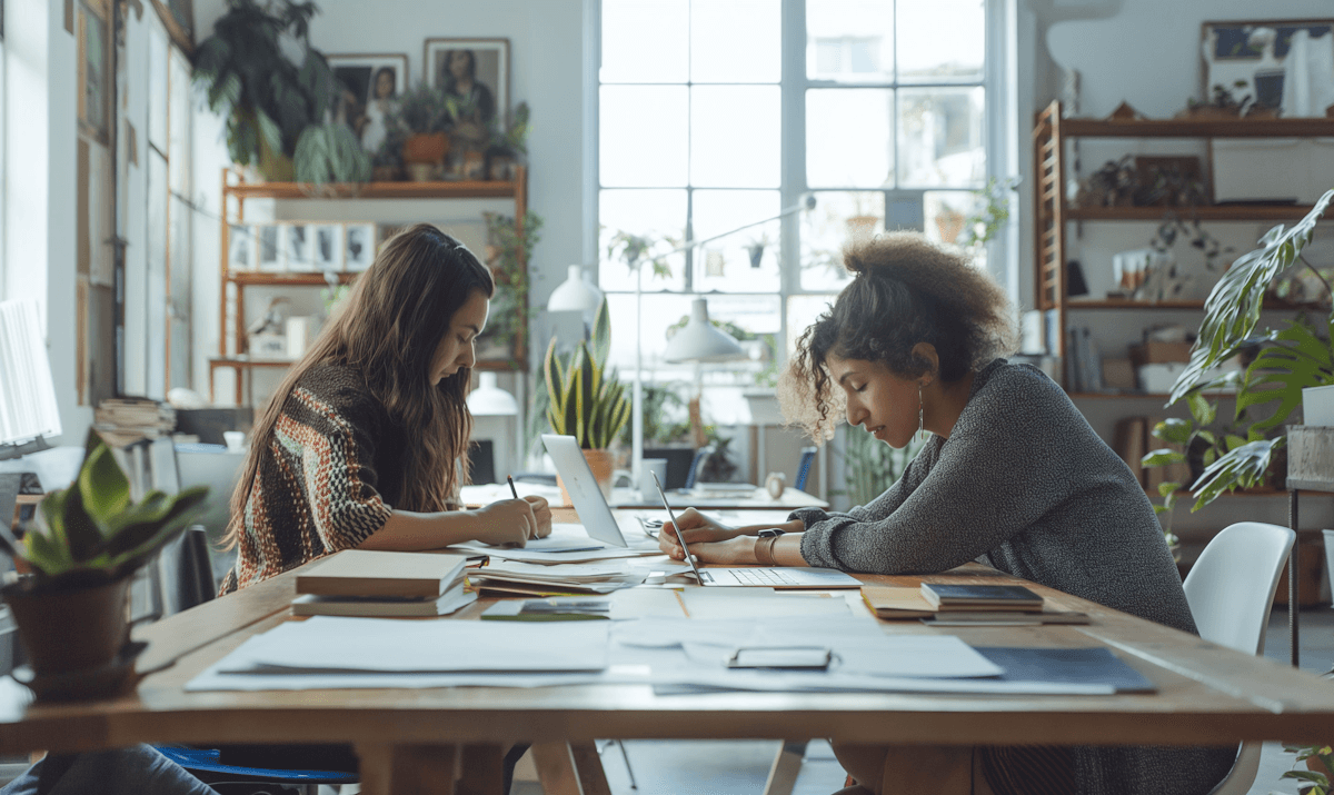 Dos estudiantes trabajando juntas en un espacio cálido y acogedor